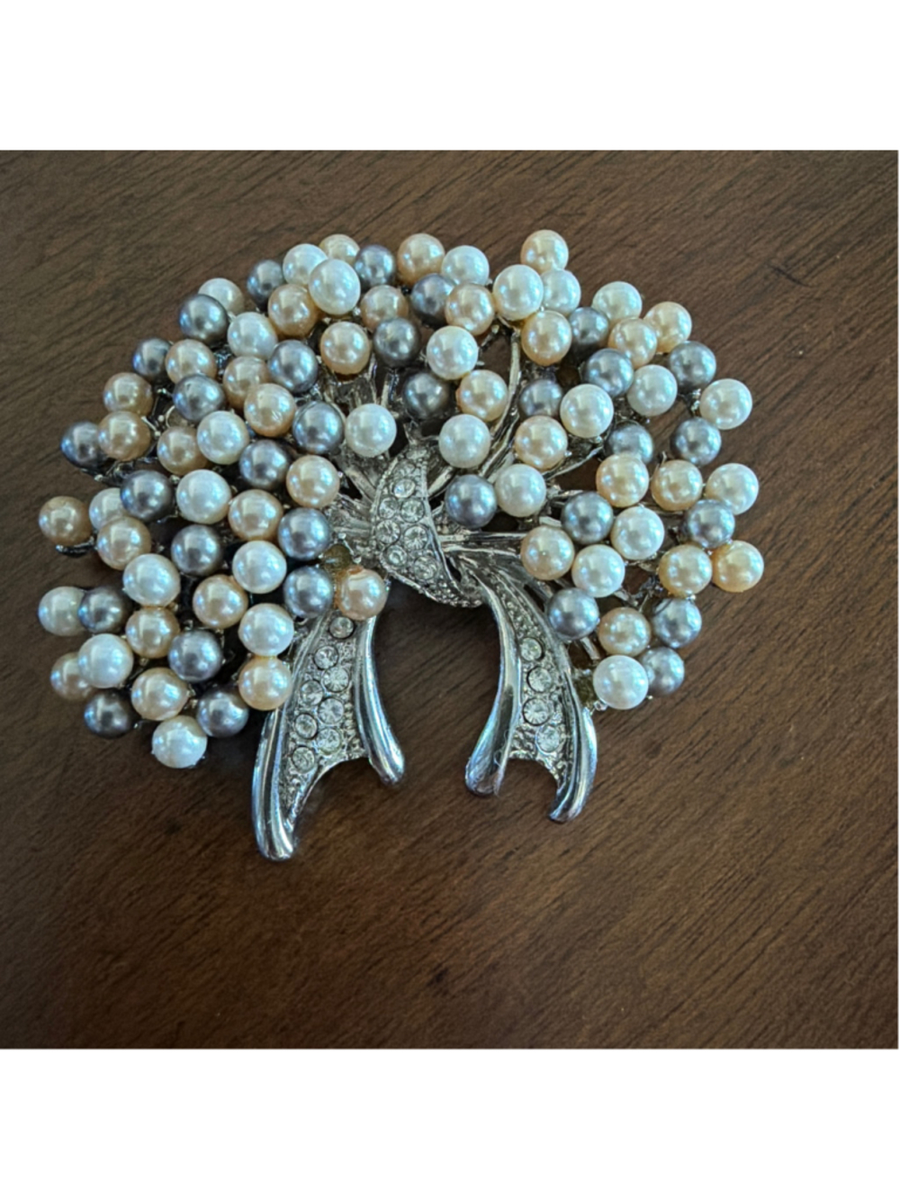 Vintage Silver Tone Faux Pearl Cluster Brooch Rhinestone Accent Statement Pin